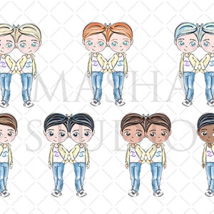 May include: Illustration of six pairs of twins, each pair wearing a yellow jacket and blue jeans. The twins have different hair colors and skin tones.