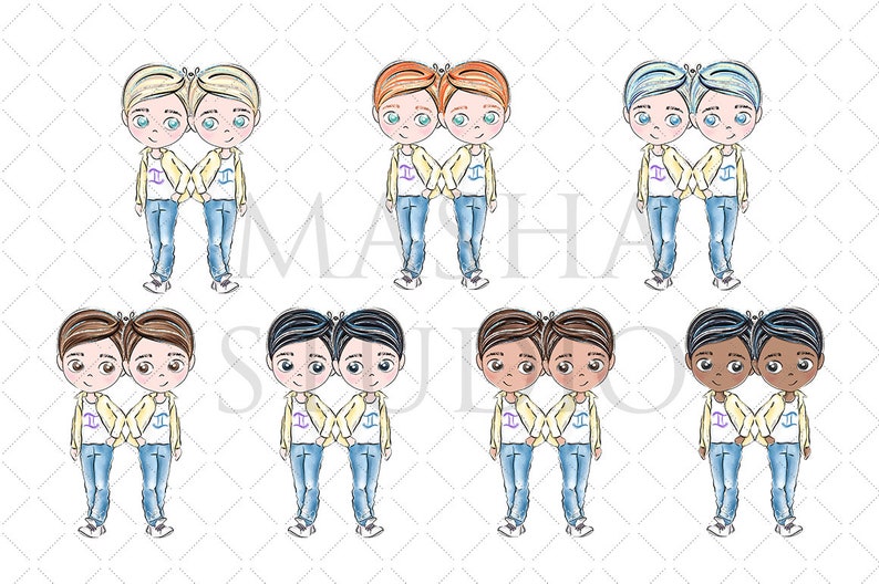 May include: Illustration of six pairs of twins, each pair wearing a yellow jacket and blue jeans. The twins have different hair colors and skin tones.
