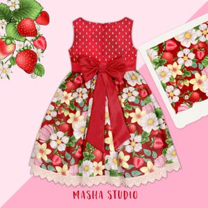 May include: A red dress with a white floral and strawberry print. The dress has a red satin bow at the back and a white lace trim at the hem. The dress is on a pink background.