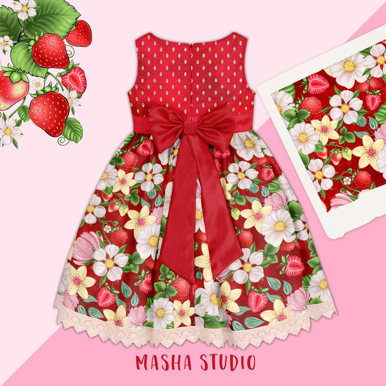 May include: A red dress with a white floral and strawberry print. The dress has a red satin bow at the back and a white lace trim at the hem. The dress is on a pink background.