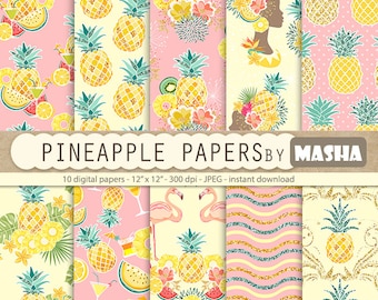 Tropical fruits: "PINEAPPLE DIGITAL PAPERS" with pineapple patterns, tropical digital paper, fruit patterns,  10 images, 300 dpi, jpg files