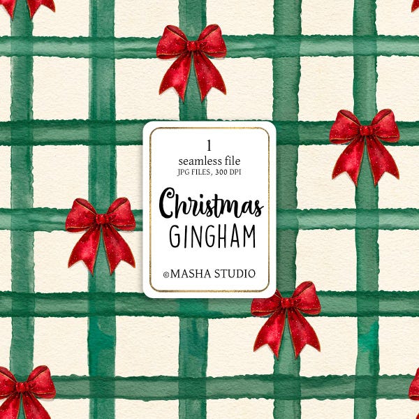 Weihnachtliches Gingham Muster, Aquarell rote Bögen, nahtlose Rapporte (digitaler Download)