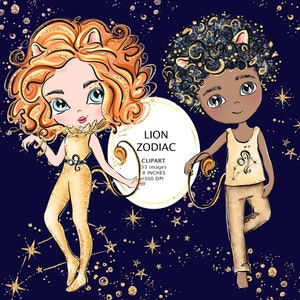May include: Two cartoon illustrations of a lion zodiac sign. The first illustration is a girl with orange hair and a gold outfit. The second illustration is a boy with black hair and a gold outfit. Both illustrations are against a dark blue background with gold stars.