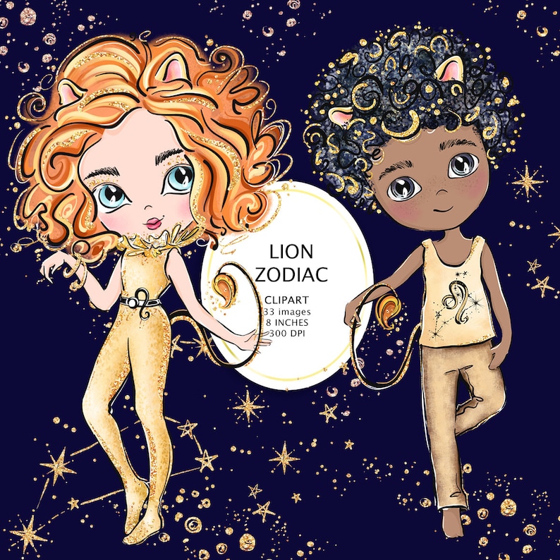 May include: Two cartoon illustrations of a lion zodiac sign. The first illustration is a girl with orange hair and a gold outfit. The second illustration is a boy with black hair and a gold outfit. Both illustrations are against a dark blue background with gold stars.