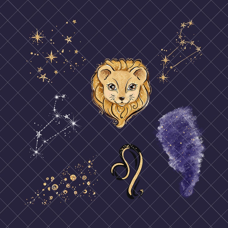 May include: A gold lion head illustration with a constellation of stars in the background. The lion is surrounded by a constellation of stars, a purple watercolor cloud, and a gold zodiac symbol.