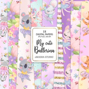 Carte digitali con animali ballerina, modello gatto ballerina, carta digitale unicorno ballerina, modello ballerina, senza soluzione di continuità, modelli disegnati a mano