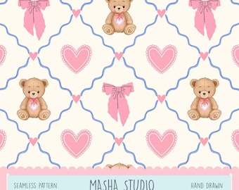 Teddy Bear Trellis Seamless Pattern, Valentine's Digital Paper (Digital Download)