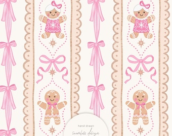 Hand-Drawn Pink Gingerbread Girl Seamless Pattern, Lacy Christmas Design (Digital Download)