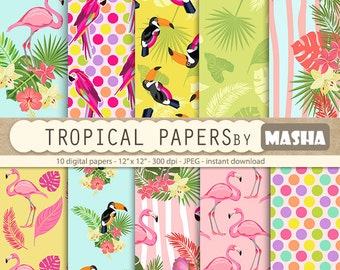 Flamingo papers: "TROPICAL DIGITAL PAPERS" with flamingo patterns, exotic digital paper, toucan pattern, parrot print, tropical patterns