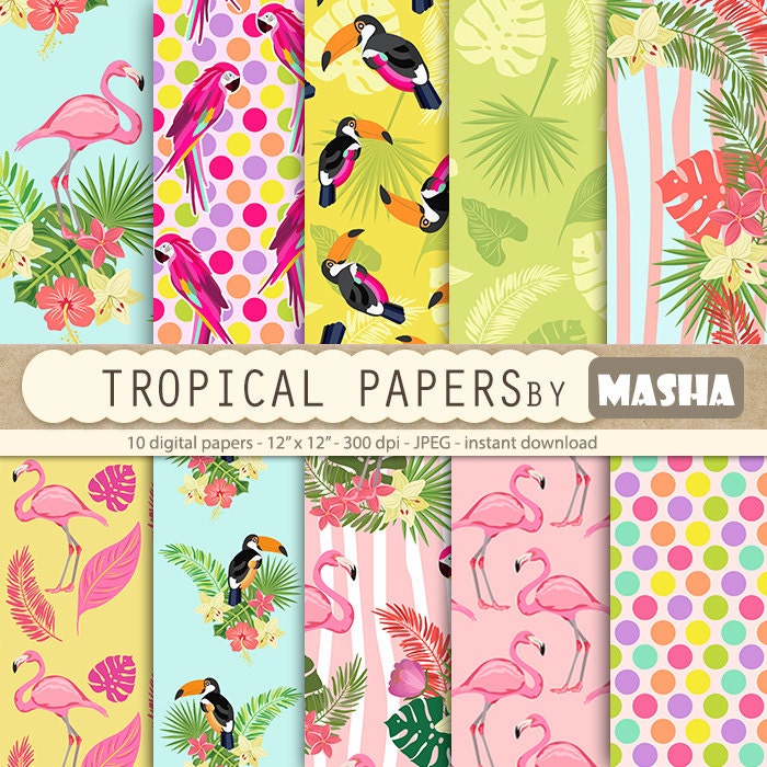 Printable Scrapbook Paper Tropical Summer Patterns Floral Digital Papers Instant Download