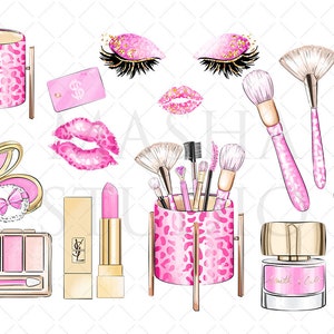 May include: A set of pink and gold makeup brushes, lipsticks, eyeshadow palettes, and other beauty products. The products are arranged on a white background and feature a leopard print design.