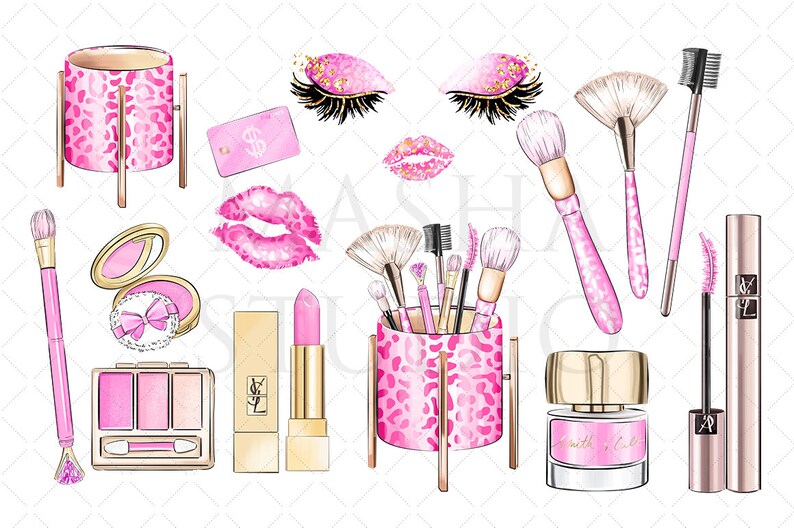 May include: A set of pink and gold makeup brushes, lipsticks, eyeshadow palettes, and other beauty products. The products are arranged on a white background and feature a leopard print design.