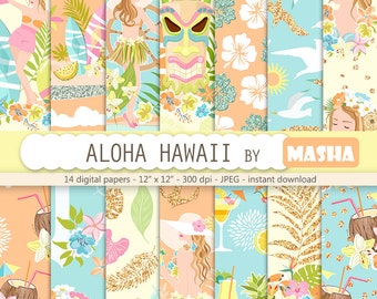 Summer digital paper: "ALOHA HAWAII" with hawaii digital paper, hawaii pattern, hawaii print, aloha illustration, exotic, SEAMLESS patterns