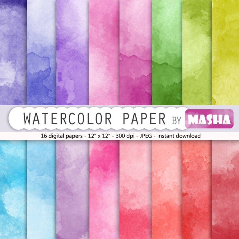 Watercolor digital paper: 'WATERCOLOR PAPER' with rainbow watercolor digital paper suitable for scrapbooking, invitations, cardmaking 