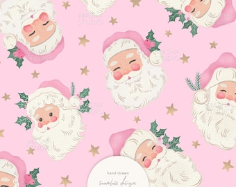 Pink Santa Claus Seamless Pattern by Masha Studio: Pink Vintage Coquette Christmas, Cute Santa Surface Pattern (Digital Download)