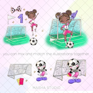 Puede incluir: Un conjunto de ilustraciones digitales que presenta a una jugadora de f&uacute;tbol, un bal&oacute;n de f&uacute;tbol, una porter&iacute;a de f&uacute;tbol y una tarjeta roja. La jugadora de f&uacute;tbol es una ni&ntilde;a con piel morena, cabello negro y un uniforme rosa y blanco. El bal&oacute;n de f&uacute;tbol es blanco y negro con una cara. La porter&iacute;a de f&uacute;tbol es blanca y negra con una red. La tarjeta roja es roja con texto blanco. Las ilustraciones est&aacute;n sobre un fondo verde y blanco.