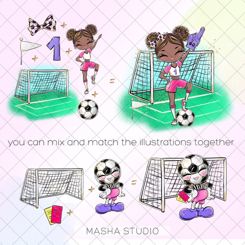 Puede incluir: Un conjunto de ilustraciones digitales que presenta a una jugadora de f&uacute;tbol, un bal&oacute;n de f&uacute;tbol, una porter&iacute;a de f&uacute;tbol y una tarjeta roja. La jugadora de f&uacute;tbol es una ni&ntilde;a con piel morena, cabello negro y un uniforme rosa y blanco. El bal&oacute;n de f&uacute;tbol es blanco y negro con una cara. La porter&iacute;a de f&uacute;tbol es blanca y negra con una red. La tarjeta roja es roja con texto blanco. Las ilustraciones est&aacute;n sobre un fondo verde y blanco.