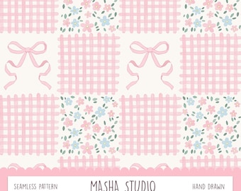 Cheker Gingham and Small Flowers Seamless Pattern by Masha Studio: Preppy Flowers Digital Paper, Pink Blue Vintage File (Digital Download)