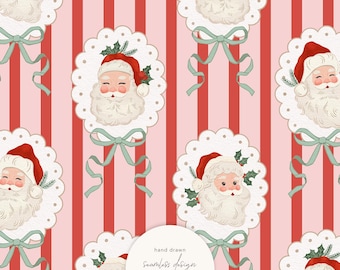 Christmas Cameo Seamless Pattern by Masha Studio: Holiday Digital Paper, Vintage Santa Claus on Red Stripes (Digital Download)