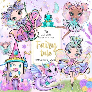 Clipart conte de fées, clipart fée, clipart dessinés à la main, illustrations de fées, fée mignonne, clipart dragon, Masha Studio, clipart sublimation