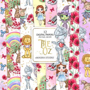 The Wonderful Wizard of Oz Digital Papers, Dorothy, Tin man, Cowardly Lion, Scarecrow, Glenda, Wicked Witch, Toto, Kids Illustrations