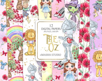 The Wonderful Wizard of Oz Digital Papers, Dorothy, Tin man, Cowardly Lion, Scarecrow, Glenda, Wicked Witch, Toto, Kids Illustrations