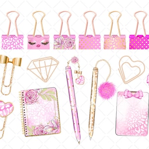 May include: A set of pink and gold stationery supplies, including binder clips, paper clips, pens, a notepad, and a pencil. The items are decorated with floral and leopard print designs.