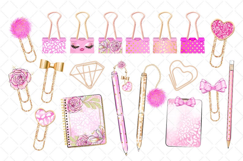 May include: A set of pink and gold stationery supplies, including binder clips, paper clips, pens, a notepad, and a pencil. The items are decorated with floral and leopard print designs.