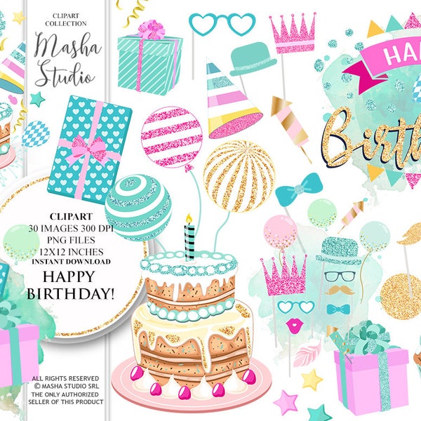 Birthday clipart: "HAPPY BIRTHDAY clipart" with birthday clip art, party clipart, cake clipart, balloons clipart, gifts, 30 images