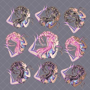 Puede incluir: Ocho ilustraciones de un signo del zod&iacute;aco, cada una con un esquema de color diferente. El signo es una sirena con cola de pez y una corona de cuernos. Las sirenas est&aacute;n en varias poses, con sus colas enroscadas a su alrededor. El fondo es de color gris.