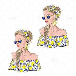 May include: Two illustrations of a woman with blonde hair wearing a yellow and blue lemon print off-the-shoulder top, a headband, sunglasses, and lemon earrings.