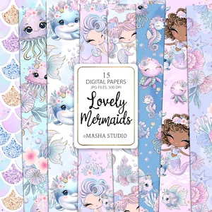 Pode incluir: Um conjunto de 15 papéis digitais com lindas sereias, criaturas marinhas e cenas subaquáticas. Os papéis estão em uma paleta de cores pastel com rosa, azul e branco. Os papéis são perfeitos para scrapbooking, criação de cartões e outros projetos de artesanato.  "Lovely Mermaids" e "@MASHA STUDIO" estão impressos nos papéis.