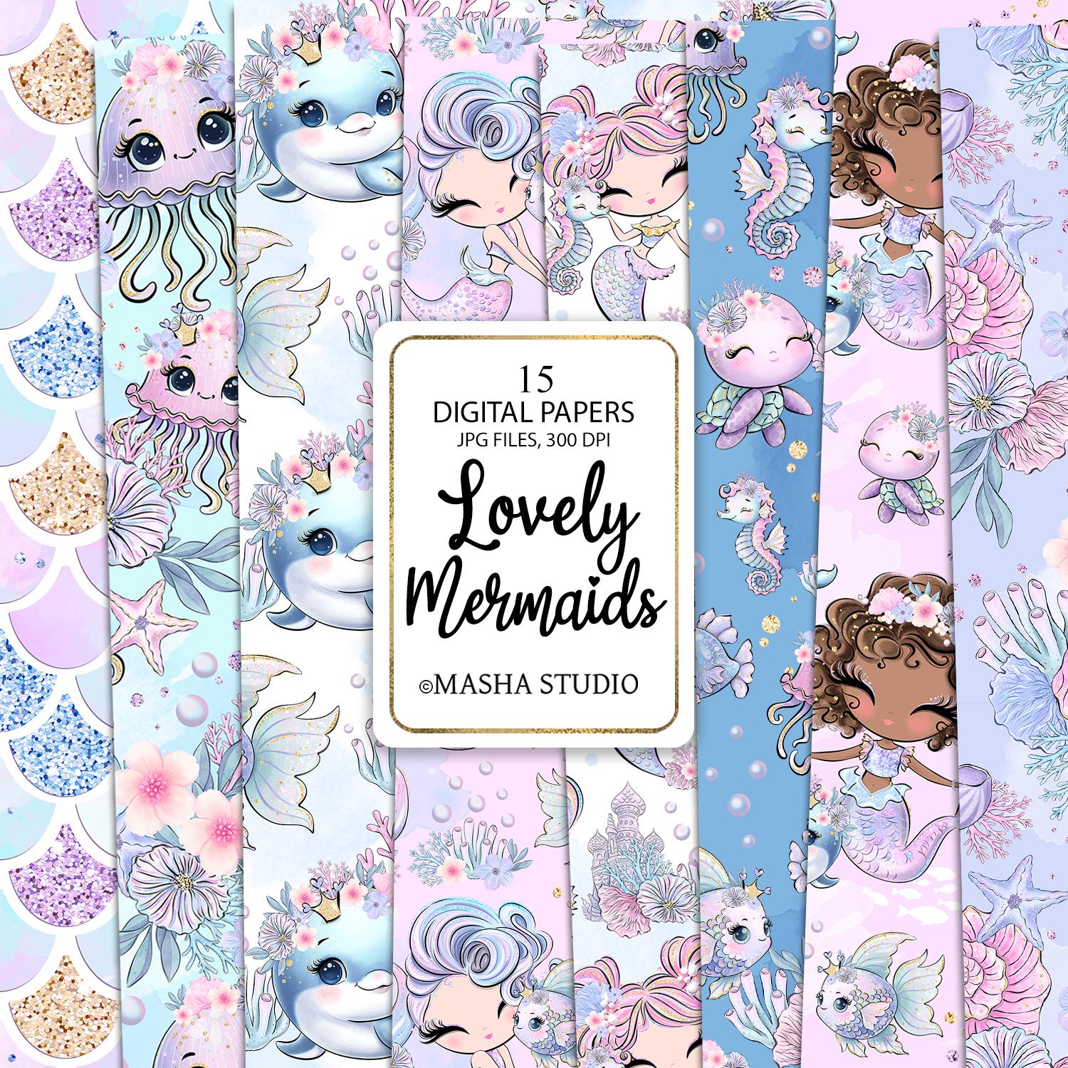 Mermaids Seamless Digital Papers. Hand Drawn, Mermaid Patterns, Sea Animals Pattern, Scales Digital Papers, Seashells Patterns, Masha Studio