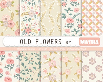 Floral digital paper: "OLD FLOWERS" vintage digital paper, vintage flowers, rose digital paper, floral patterns, old digital paper