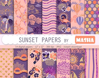 Sunset papers: "Sunset Digital Papers" with sun patterns, polkdots paper, cloud patterns, balloon pattern, 14 imagaes, 300 dpi. JPG files