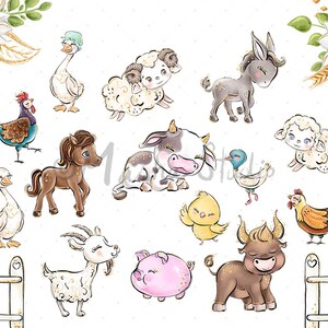 May include: A set of watercolor illustrations featuring farm animals, including a rooster, a cow, a pig, a goat, a donkey, a horse, a sheep, a chicken, a duck, and a chick. The illustrations are in a whimsical style with a white background.