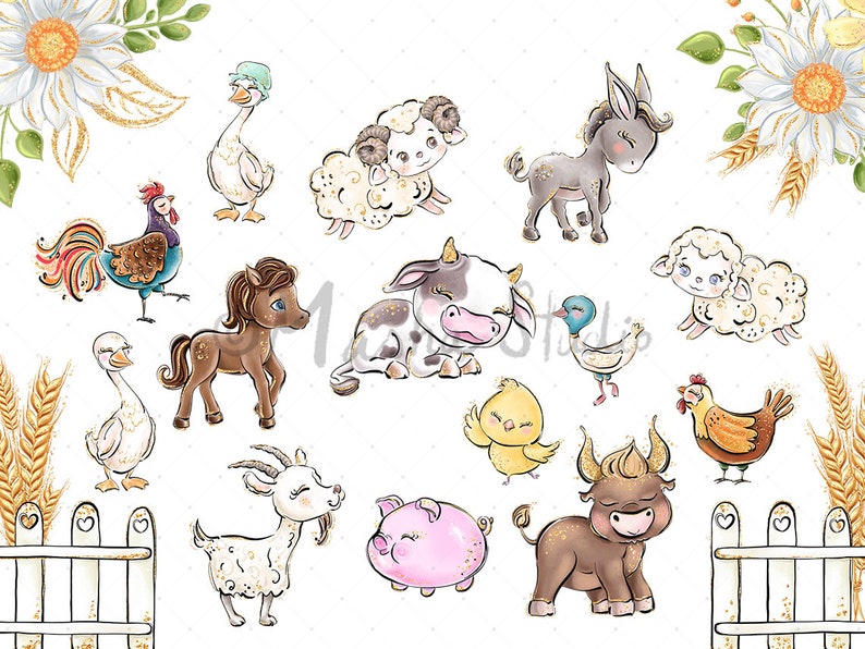 May include: A set of watercolor illustrations featuring farm animals, including a rooster, a cow, a pig, a goat, a donkey, a horse, a sheep, a chicken, a duck, and a chick. The illustrations are in a whimsical style with a white background.