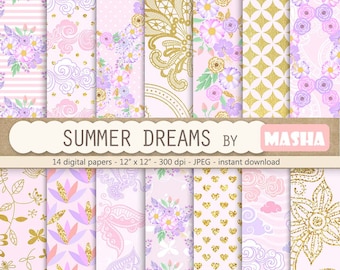 Summer digital papers: "SUMMER DREAMS" with floral digital paper, gold pattern, cloud patterns, butterflies, 14 images, 300 dpi. JPG files