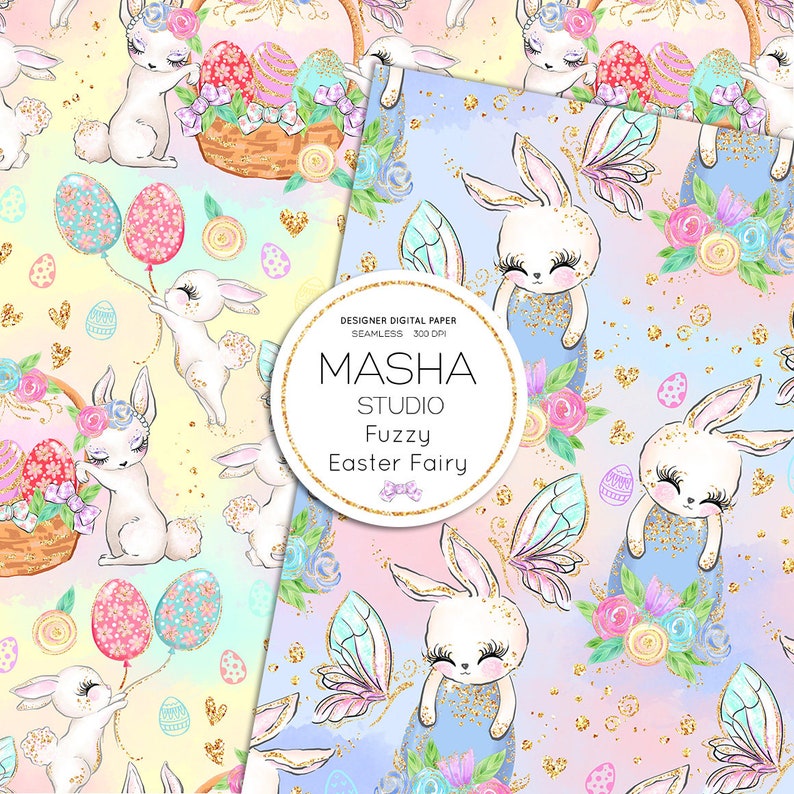 May include: Seamless digital paper featuring adorable white bunnies with floral accents, holding Easter eggs and balloons. The design includes a basket of decorated eggs and the text "MASHA STUDIO Fuzzy Easter Fairy". The background has a pastel color scheme.