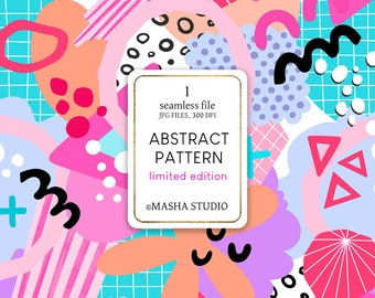 May include: Abstract seamless pattern with pink, blue, and orange geometric shapes, polka dots, and stripes. The pattern is on a white background. The text "1 seamless file JPG FILES, 300 DPI ABSTRACT PATTERN limited edition @MASHA STUDIO" is in a gold frame.