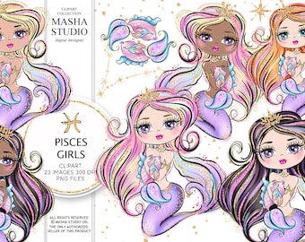 Masha Studio's Zodiac Pisces Sign, Pisces Clipart, Zodiac Clipart, Astrology Clipart, Pisces Girl Clipart, Sublimation Design