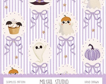 Cute Ghost Halloween Seamless Pattern by Masha Studio: Coquette Bows Repeat Pattern File for Commercial Use, Purple Cameo Halloween