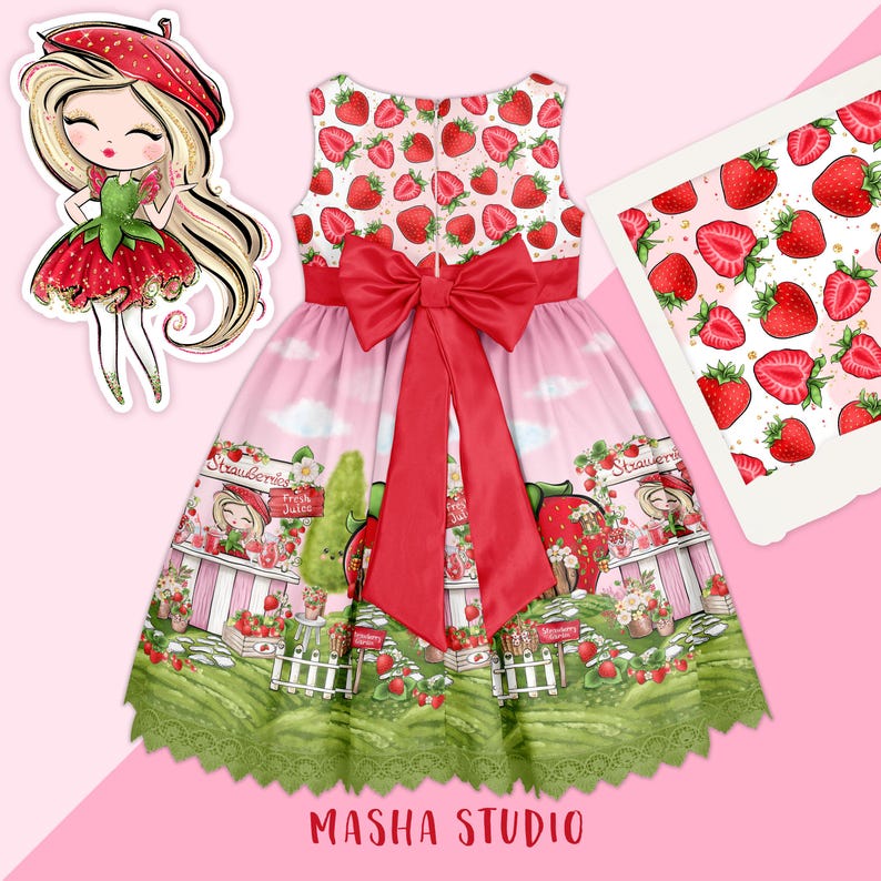 May include: A pink sleeveless dress with a red bow and a strawberry print. The dress features a green and white border and a strawberry-themed scene with a girl selling fresh juice. The dress has the text "Strawberry" and "Fresh Juice" printed on it.