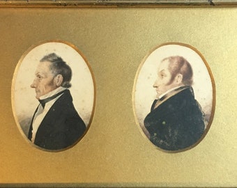 Two Victorian Miniature Portraits of the two most wonderful looking Gentlemen Framed as One