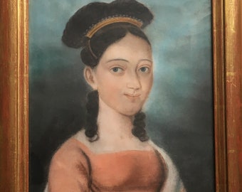 Antique Pastel Portrait, Provincial Young Woman, Gold Frame (1840)
