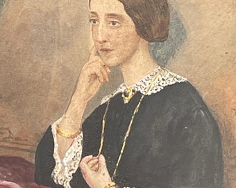 Antique Mourning Portrait Painting, Woman in Contemplation, Framed