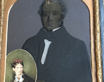 A True Curiosity - Painted Ambrotype within which is inserted a Small Finely Painted Miniature