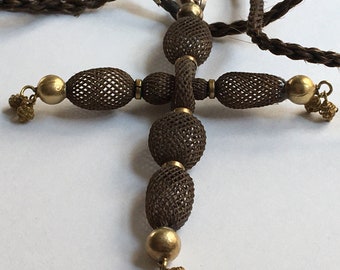 Victorian Woven Hair Cross Pendant, Long Plaited Hair Chain