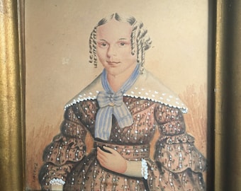 Maravilloso retrato de arte popular antiguo de una mujer joven de estilo envidiable