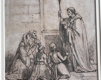 Original Pen and Ink Drawing 'The Blessing' by Edward Matthew Ward RA both Signed & Dated